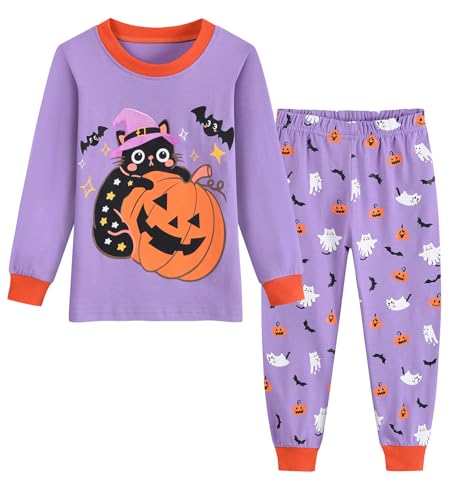 DHASIUE Halloween Girls Boys Pyjamas Ghost Pumpkin Nightwear Long Sleeve Kids Sleepwear Toddler Cotton Pjs Set Outfits Purple 6-7 Years