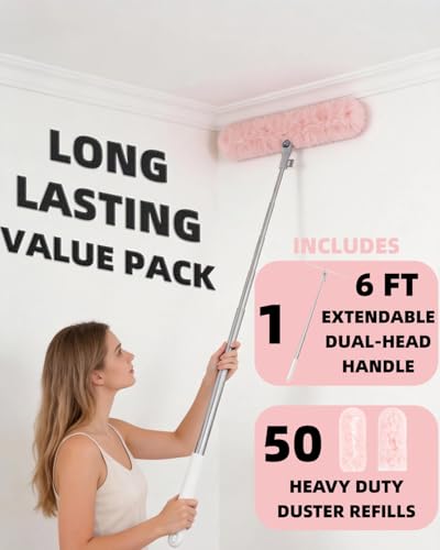 Image of 50 PCS Duster Refills with 6 FT Extendable Handle, Heavy Duty Duster Refills Kit Compatible with Swiffer, 360 Disposable Microfiber Duster Pads for Ceiling Fan, Blind & Hard to Reach Areas Cleaning
