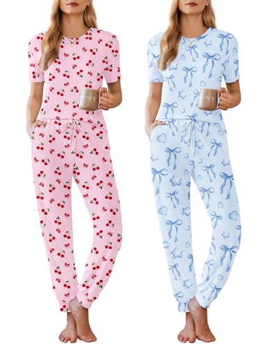 Image of Ekouaer Pajamas for Women Set 2 Pack Lounge Set Short Sleeve Pjs Joggers Long Pants Loungepwear with Pockets
