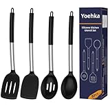 Yoehka Silicone Cooking Utensils Set for Nonstick Cookware, 4Pcs Heat Resistant Kitchen Silicone Spatula and Spoon Set with Stainless Steel Handle, Mixing, Flipping, Turning, Stirring, Black
