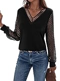 GORGLITTER Damen Langarm Top mit Spitzen Ärmel Herbst Oberteil Langarmshirt V-Ausschnitt Spitzentops Elegant Bluse Schwarz XL