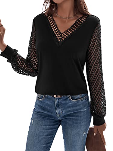 GORGLITTER Oberteil Damen Elegant Bluse mit Spitzen Top Langarm Office...