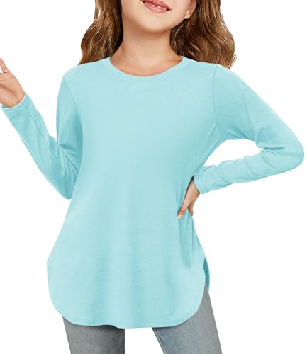 Image of Haloumoning Girls Long Sleeve T Shirts Kids Crewneck Tops 5-14 Years | Solid Color, Casual Loose Fit, Basic Tees, Curve Hem, Side Slit, Soft Tunic Tops, Fashion Clothes