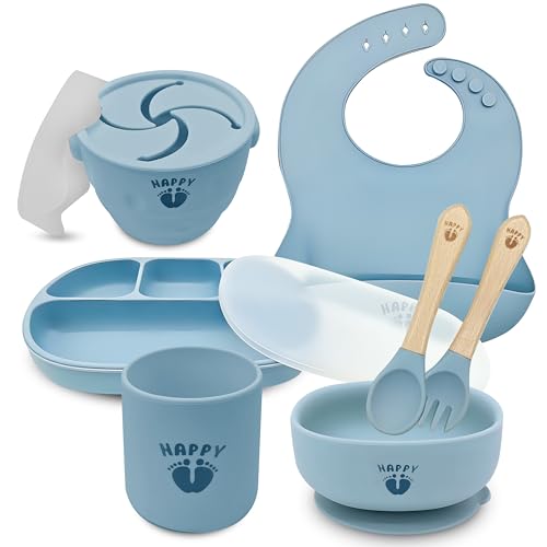 Image of Dingas Direct - Happy Feet 9 Piece Feeding Supplies, Silicone Baby Led Weaning Set and Dishes, Quality Suction Bowls and Plates (Blue)