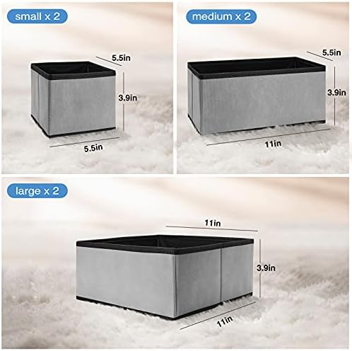 6 Pack Puricon Drawer Organisers Storage Box for Underwear Clothes, Foldable Fabric Wardrobe Drawer Closet Divider Cubes Containers for Underwear, Bras, Socks, Scarves and Ties -Grey