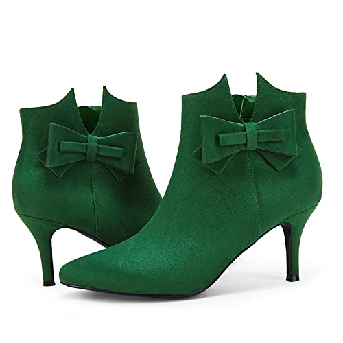 Ermonn Womens Pointed Toe Ankle Boots Stiletto Heels Side Zipper Bow Faux Suede Booties Wedding Dress Shoes #TOP1