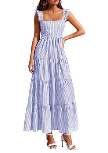 PRETTYGARDEN Womens 2026 Summer Casual Maxi Dresses Striped Square Neck