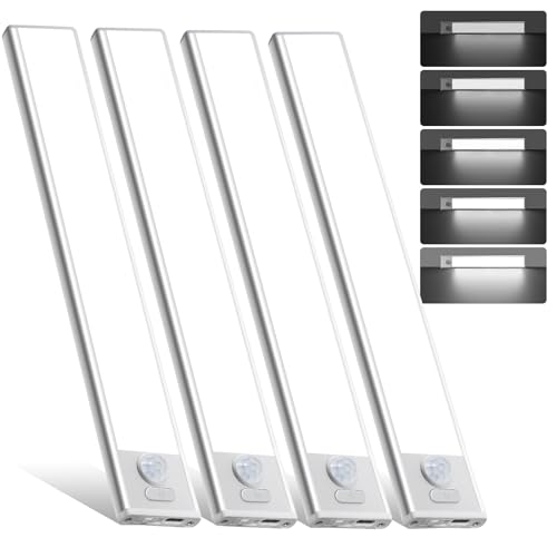 Image of 16inch Under Cabinet Lighting, 4 Pack Rechargeable Motion Sensor Light Indoor, Wireless Dimmable Magnetic Closet Lights, 68 LED Under Counter Lights for Kitchen, Wardrobe, Stairs, White Light