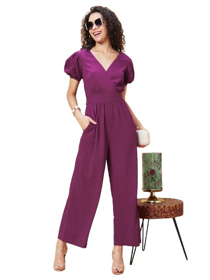 Image of Globus Women Wine Solid Wrap V-Neck Short Sleeves Jumpsuit with Waist Tie-Up-3638457004