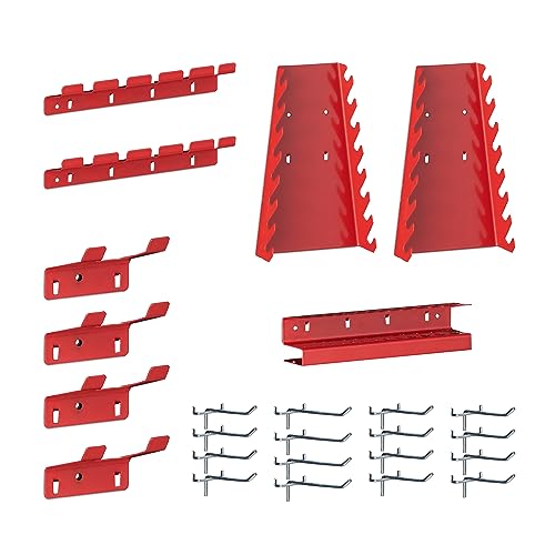 Relaxdays Werkzeugwand Metall, 25-teiliges Zubehör-Set, HxBxT: 60 x 118 x 2 cm, 3 Lochwände, Wandmontage, schwarz/rot