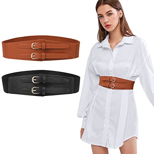 2 pièces Ceinture élastique pour femmes - Ceinture de taille large de 6 cm à double boucle Ceinture réglable pour dames à la mode pour les robes (Noir+Marron, S) Cover