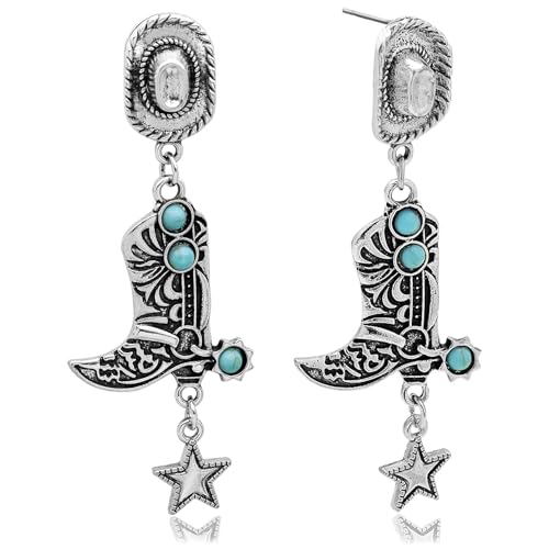 Western West Cowgirl Texas Boots Spur Dangle Drop Earrings Rodeo Boho Fancy Dress Costume,Silver Star Boot Hat