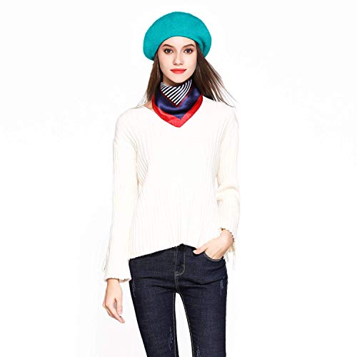 Wool Beret Hat Solid Color French Artist Beret with Skily Scarf and Brooch (Dark Lake Blue) - Thumbnail 3