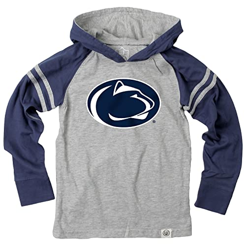 Wes and Willy Youth Boys College Long Sleeve Hooded T-Shirt Striped Jersey Hoodie (Penn State Nittany Lions Gray/Navy, Youth Large)