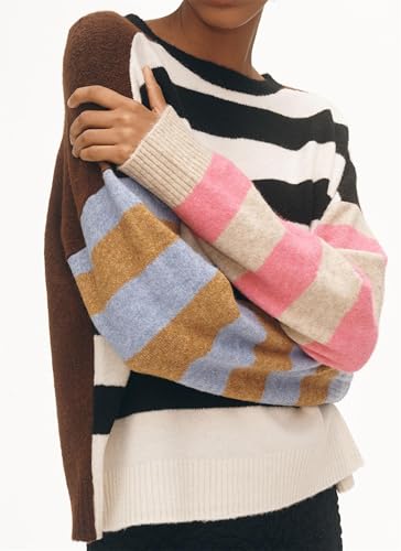 Oversized Striped Sweater Women Color Block Batwing Sleeve Pullover Sweaters Fall Crewneck Knit Tops2
