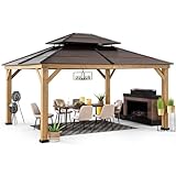 Sunjoy Hardtop Gazebo 13' X 15' Cedar Framed Wood Gazebo with Brown Double Steel Hardtop Roof Permanent Canopy for Garden, Backyard Shade…