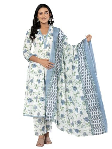 Image of Amayra Women's Cotton Printed Anarkali Kurta with Palazzo Pants and Dupatta