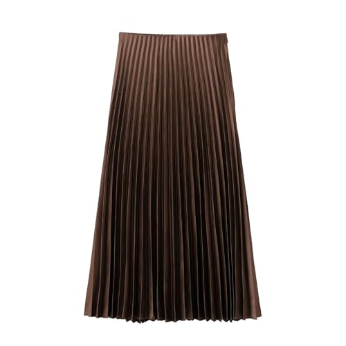 Satin Skirt Women's Spring Collection Elastic Waist A-line Pleated Skirt Silk Satin Texture MIDI Pleated Skirt