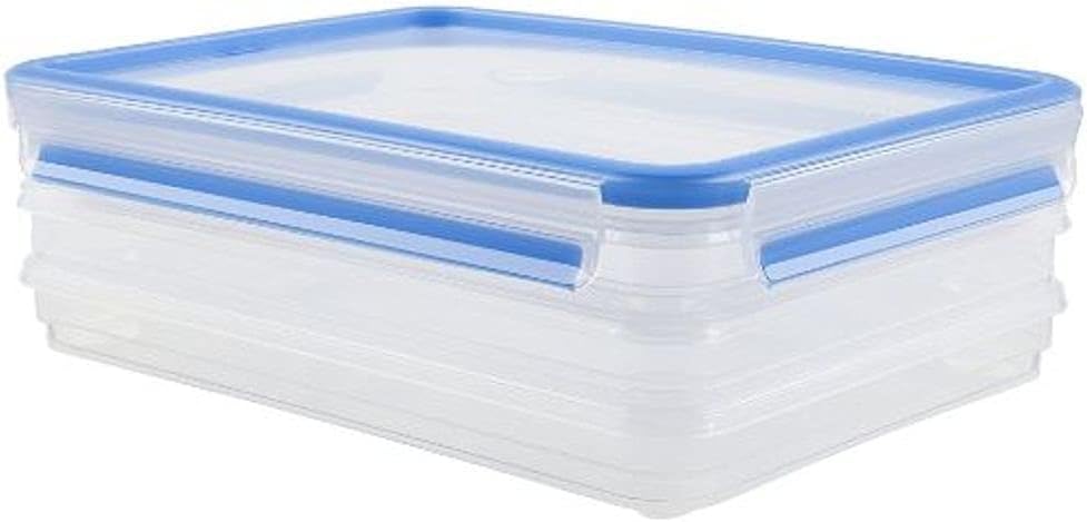 Emsa 508556 Clip & Close stacking boxes, 26.5 x 19.4 x 9.6 cm, 3 x 1 litre transparent/blue