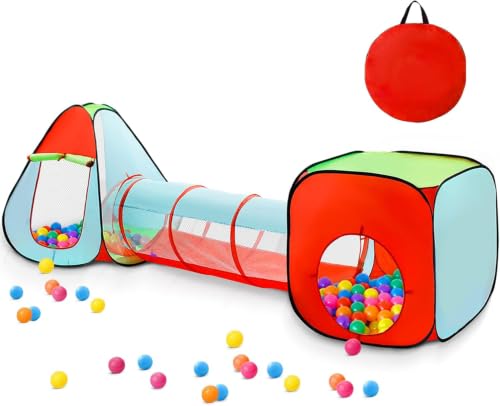 3pc Kids Play Tent for Toddler with Ball Pit+Crawl Tunnel+Castle Tent, Pop Up Children Playhouse for Boys and Girls Gift, Collapsible Baby Play Tent Toy Indoor and Outdoor Games