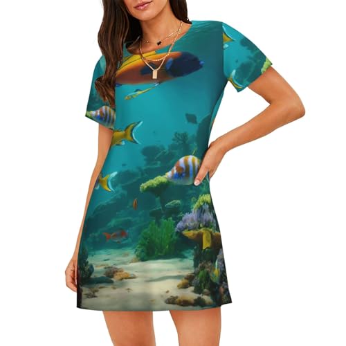 Chemise de nuit poisson bleu pour femme en coton léger d'été