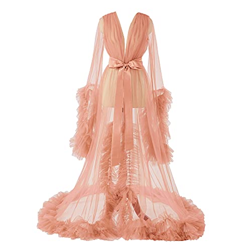 Image of Women's Long Bridal Robes Tulle Lingerie Maternity Bathrobe Photoshoot Illusion Wedding Scarf Party Nightgown