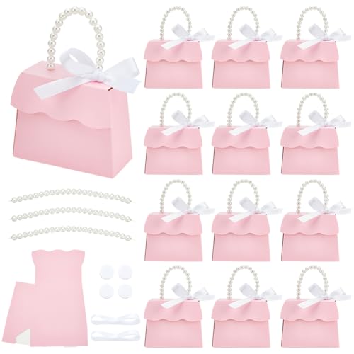 BENECREAT 16 Sets Pink Wedding Favors Box DIY Set, Kraft Paper Box with Pearl Handle, Ribbons, Stickers, Gift Boxes for Birthday, Party Favor, Boutique, Wedding and Anniversary