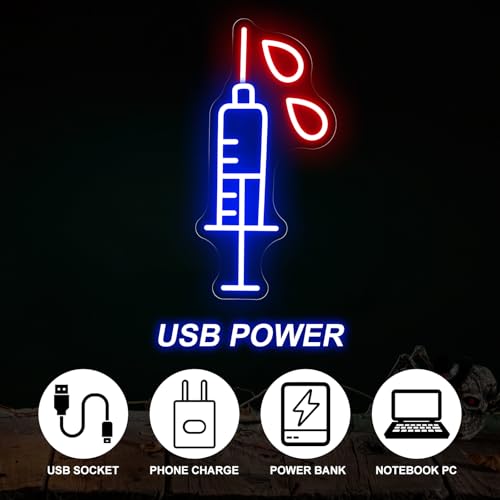 Image of Interesting Syringe Neon Sign Gothic Led Light Goth Home Decoration | USB Powered Dimmable Needle Restaurant Bar Venue Party Room Shop Wall Decor Child Personality Gift 15.7 inchx5.9 inch