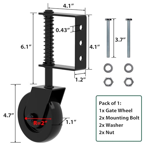 Image of 4.3 inch Heavy Duty Gate Wheel 360 Rotation Gate Wheel with Spring Loaded Shock Absorption Gate Caster Gate Kit for Fence, Farm, Garden and Wooden Gate 150 Lbs Capacity (1Pack)