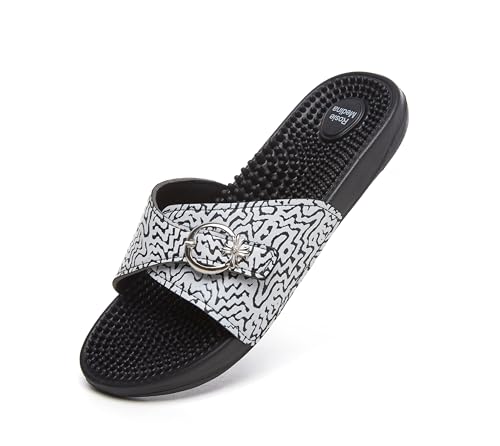 Vegan Leather Reflexology Massage Slippers – Thicker Fabric Upper with Adjustable Strap – Acupressure Footbed – Arch Support – Shock Absorbing – Pain Relief for Flat Feet