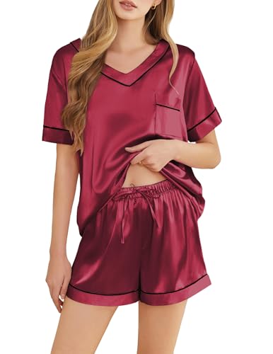 Image of Silk Pajamas for Women Short Sleeve Satin 2 Piece Pj Set Soft V Neck Sleepwear Loungewear, S-XXL