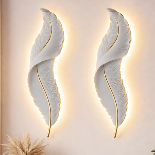Image of UJALAVISTA Feather Shape Wall Lamp | 65cm Acrylic Fancy Wall Light | 3-Color LED (Warm /Natural /Cool) | Modern Decorative Wall Sconce for Living Room & Bedroom (White Feather) (2, White)