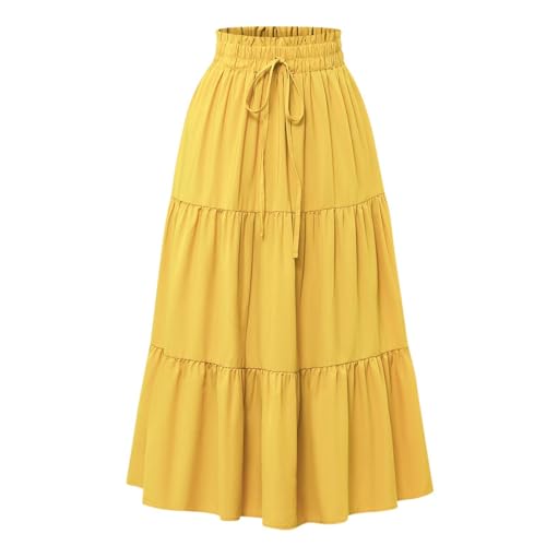 Women's High Elastic Tiered Dress Drawstring Ruffle Trim Waist Skirt Ankle Length Beach Casual Skirts Stretch Dresses