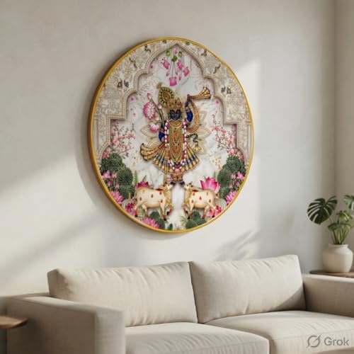Image of SAF Shrinathji Krishna Wall Painting with PVC Round Frame | Sparkle Laminated Nathdwara Style Lord Krishna Artwork with Cow and Lotus Design | Spiritual Hindu Wall Decor for Home Temple Gift
