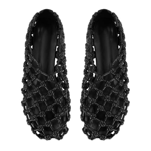 Image of ZJGZF Mesh Ballet Flats for Women Round Toe Woven Hollow Beach Ballerina Flats Summer Cute Casual Mary Jane Shoes