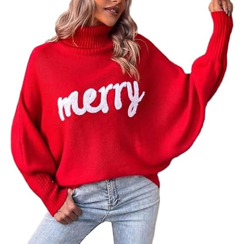 Womens Turtleneck Christmas Sweater Merry Embroidery Knitted Sweatshirt Winter Warm Pullover Sweaters (Red, M) Cover