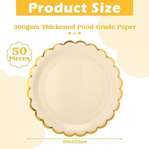 Maxcheck 50 Pcs Creamy White Scalloped Paper Plates with Gold Foil 9 Inches Disposable Paper Party Plates Decorative Paper Plates for Cake Dessert Birthday Baby Shower Wedding Party Supplies - Thumbnail 2