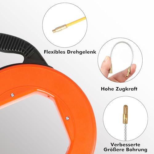 Kabeleinziehhilfe 45 M, 4mm Einziehspirale, Einziehfeder, Zugdraht für Leerrohre mit 6 Adapter, Kabelziehhilfe mit Kunststoffgehäuse und Handgriff, Einzugshilfe Kabel für Elektroarbeiten.