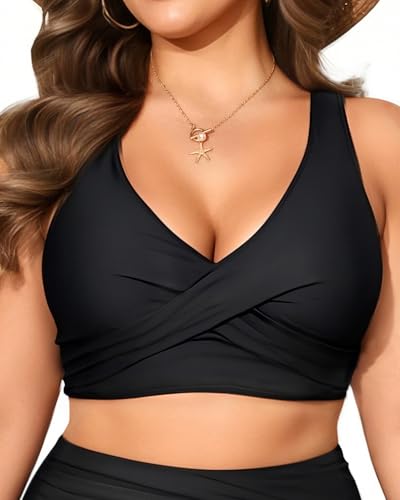 Women Plus Size Bikini Top - Black Twist Front Swimsuit Top Push Up Full Coverage Bathing Suit 2025 Swim Bra for Large Bust 18W