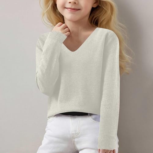 Cashmere Sweater for Girls Fashion V Neck Knit Pullover Sweaters Beige - image 2