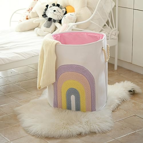 Image of Pink Baby Hamper, XL Canvas 58L Laundry Basket with Drawstring Closure, Boho Rainbow Decor