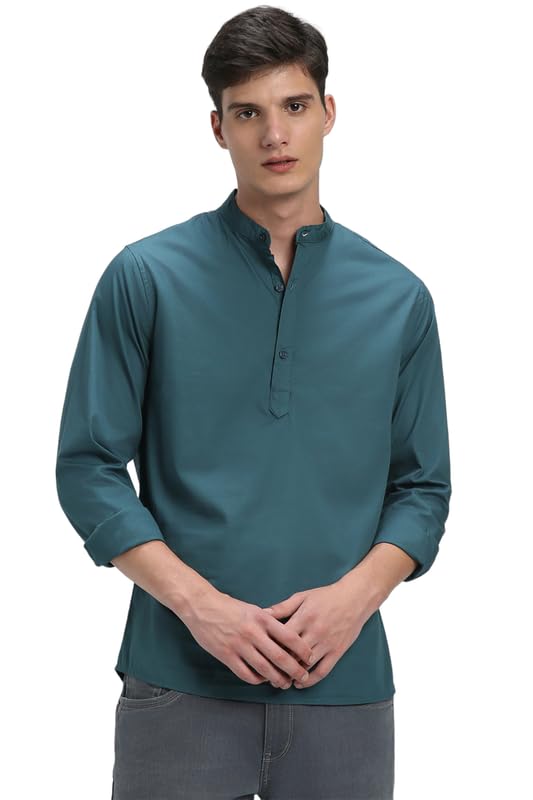 Image of Dennis Lingo Men's Cotton Solid Slim Fit Mandarin Collar Full Sleeves Casual Shirt