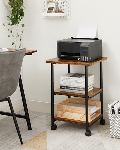 VASAGLE Druckertisch mit Rollen, 3-stufiger Druckerständer, verstellbare Tischplatte, belastbar, Aufbewahrungsregal, industriell, für Büro Arbeitszimmer, vintagebraun-schwarz OPS003B01V1