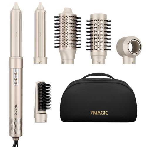 7MAGIC 6 in 1 Multi Hair Styler Dryer Brush, 110,000 RPM High-Speed, Negative Ionic, Fast Drying for Professional Blow Dry, Curling, Volumizing, Straightening and Styling, Gold