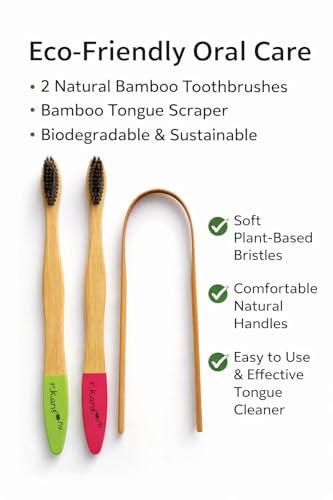 Image of R.Kant Pack of 2 Bamboo Toothbrush Combo for Adults | Green & Pink | Charcoal Infused Soft Bristles | Eco-Friendly Handle | Includes 2 Toothbrushes & 1 Bamboo Tongue Cleaner