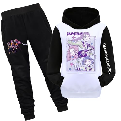 Girls 2 Piece K Pop Singer Outfits Cute Cartoon Graphic Hoodies and Pants Casual Tracksuit Fashion Clothing Sets（2-White,120