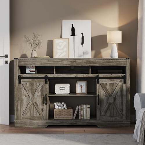 Image of RoyalCraft Farmhouse TV Stand for 23 inch Electric Fireplace, 34'' Tall Entertainment Center for 65+ Inch TV, 34 inch Tall Rustic TV Console with Sliding Bar Door for Living Room (Light Grey)
