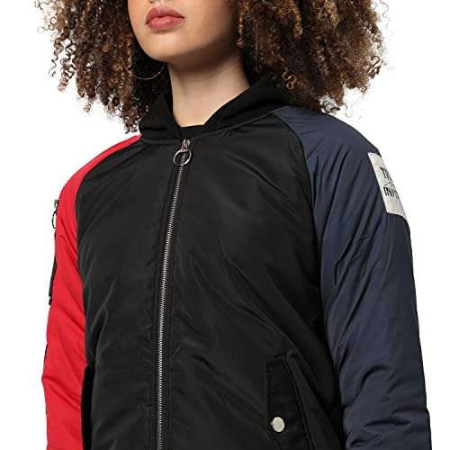 Image of Campus Sutra Women Red & Black Puffer Regular Fit Bomber Jacket For Winter Wear | Low-Cut Standing Collar | Full Sleeve | Zipper | Casual Jacket For Woman & Girl | Western Stylish Jacket For Women