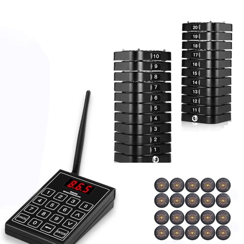 Sxhlseller Restaurant Buzzer Pagers Calling System Guest Paging Queuing System, 20 Pagers with Transmitter Pager System for Restaurant Hospital Hotel Bar Coffee (US Plug)
