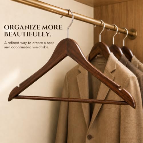 Image of Ash & Roh - Wooden Suit Hangers - Smooth Finish Solid Wood Coat Hanger with Non Slip Pants Bar, 360 Swivel Hook and Precisely Cut Notches Camisole, Jacket, Clothes Hangers (Cherry Hanger, 24)